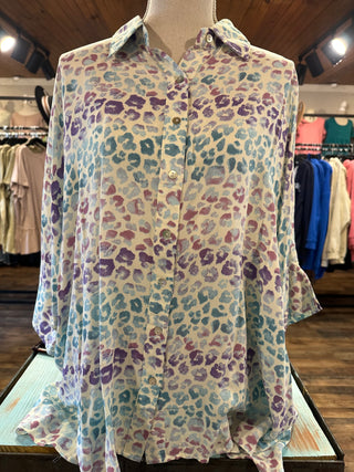 Multicolor Print 1/2 Sleeve Button Up Top Final Sale