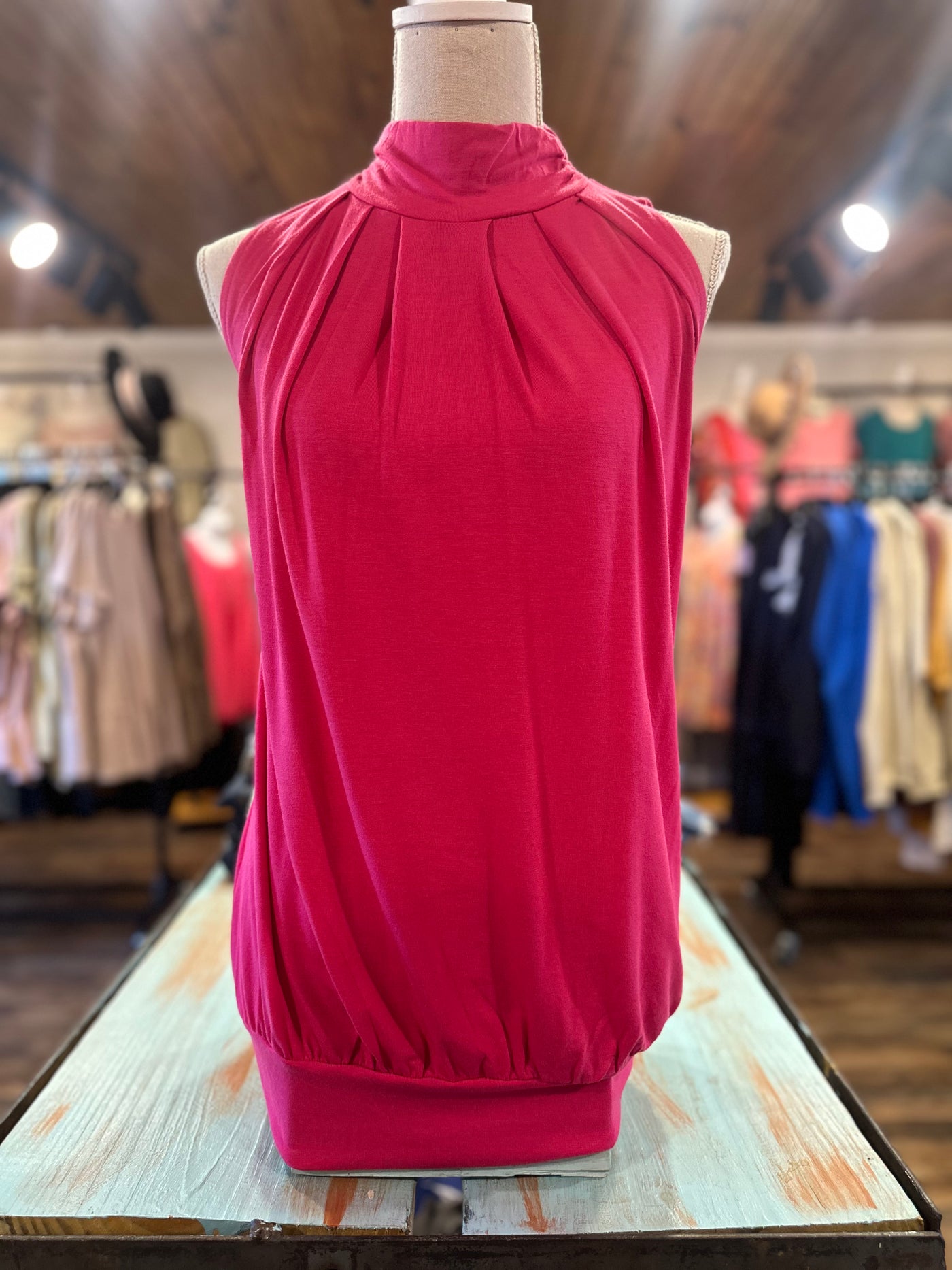 HOT PINK HIGH NECK PLEATED TOP WITH WAISTBAND