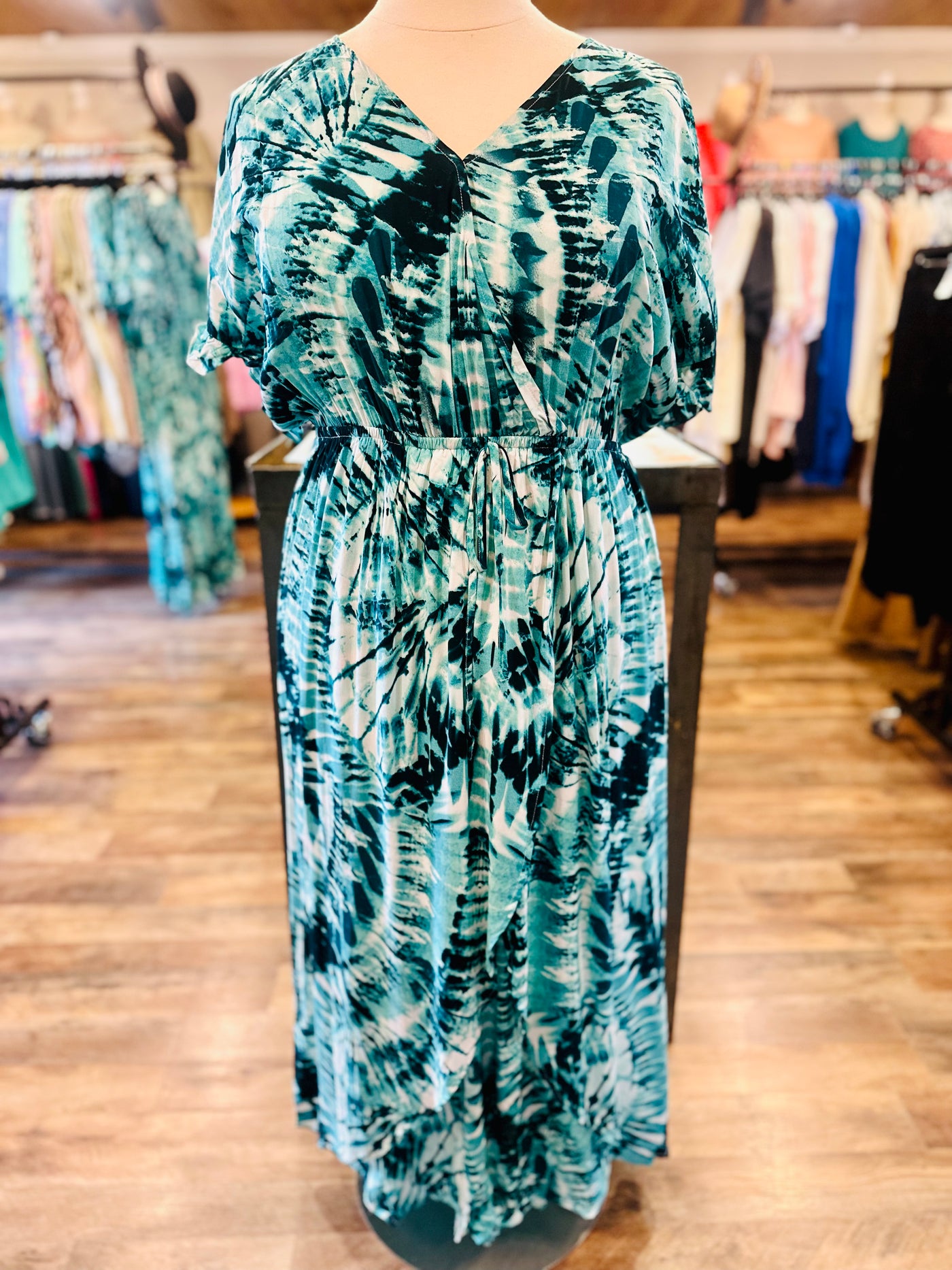 Curvy Jade Tie Dye Surplice Slit Maxi Dress with Elastic Waist