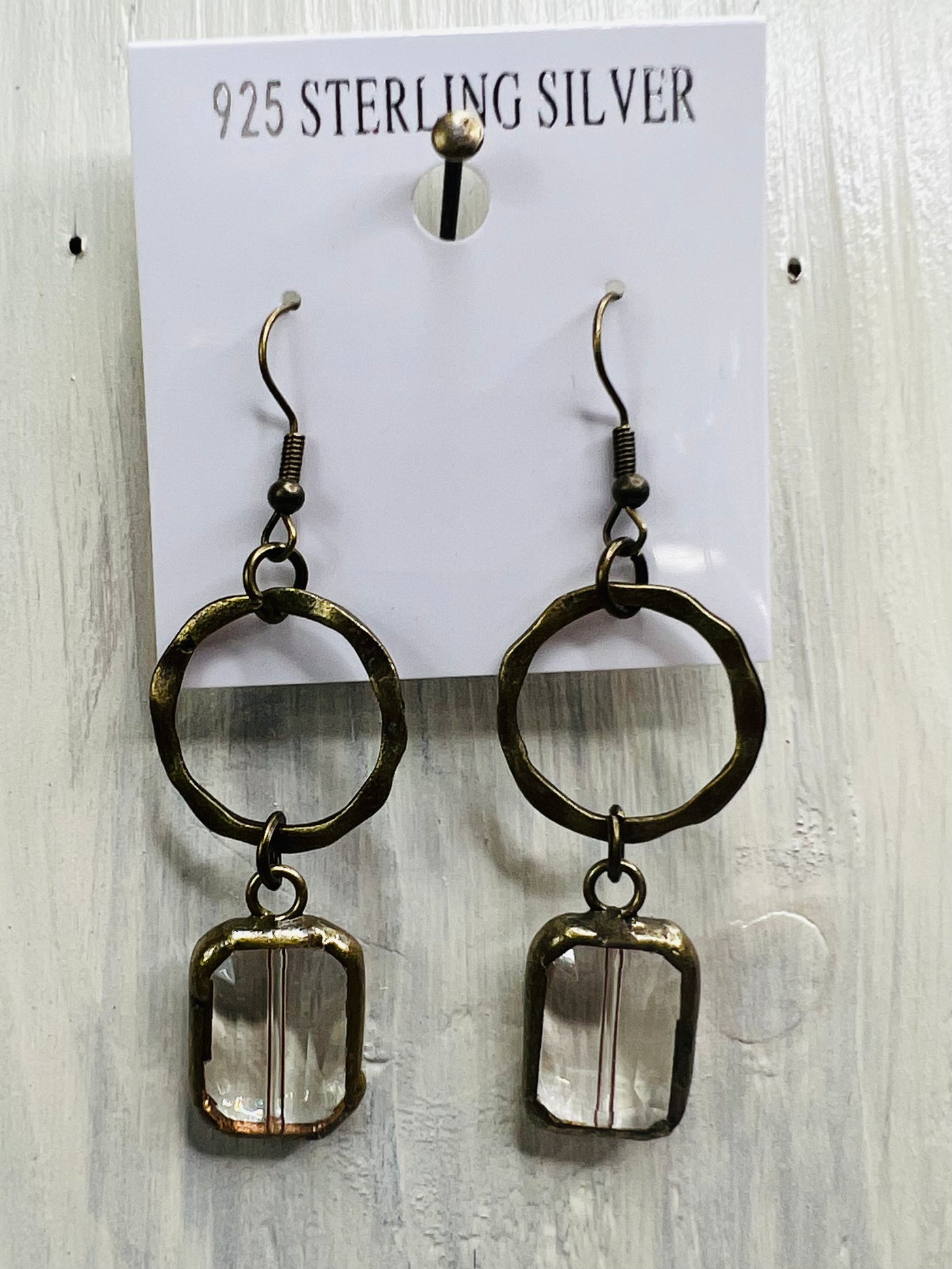 Brass Drop Earrings with Crystal Pendant
