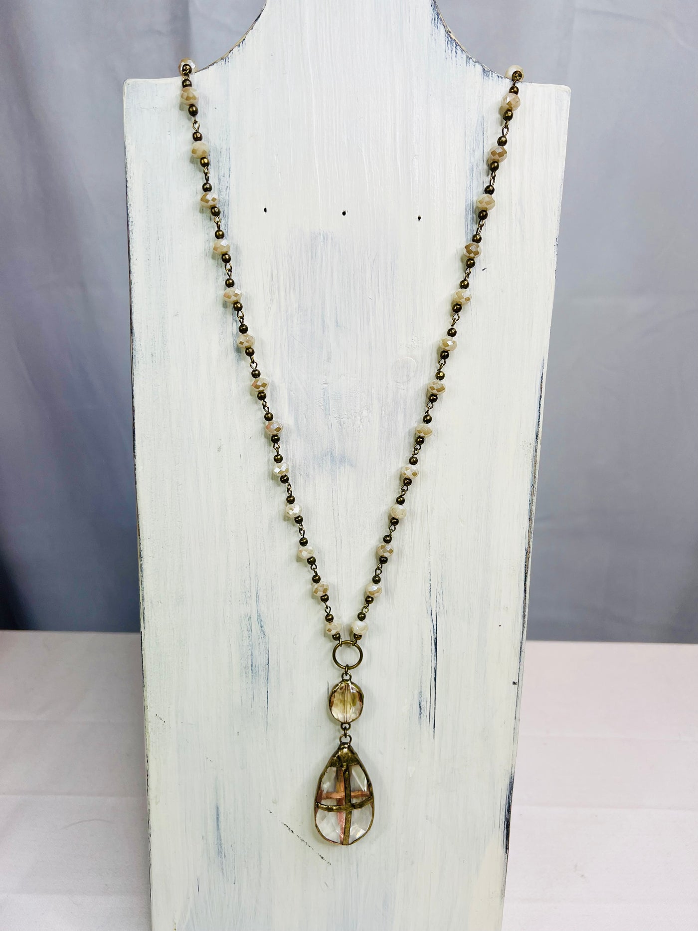 Antique Gold and Pearl Necklace with Crystal Pendant