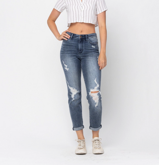 JUDY BLUE CURVY DARK HI-RISE DISTRESSED BOYFRIEND JEANS Final Sale