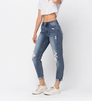 JUDY BLUE CURVY DARK HI-RISE DISTRESSED BOYFRIEND JEANS Final Sale
