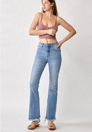 Risen Curvy Light Wash High rise vintage frayed hem flare jeans