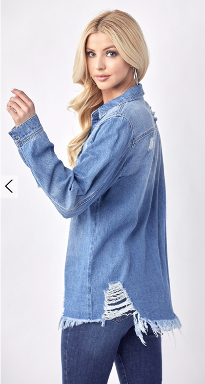 Medium Wash Distressed Denim Shirt