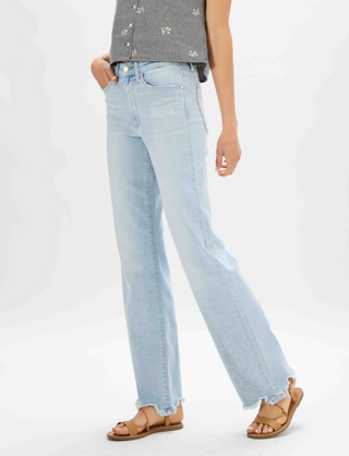 CURVY JUDY BLUE LIGHT WASH HIGH WAIST DESTROYED HEM STRAIGHT JEANS