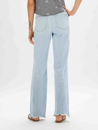 CURVY JUDY BLUE LIGHT WASH HIGH WAIST DESTROYED HEM STRAIGHT JEANS