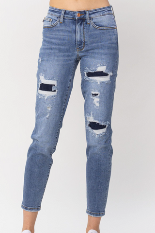 JUDY BLUE MIDRISE NAVY BLUE PATCHED DESTROY RELAXED FIT Final Sale