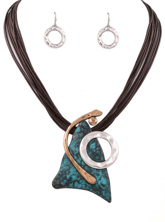 Patina Turquoise Triangle Pendant Necklace Set