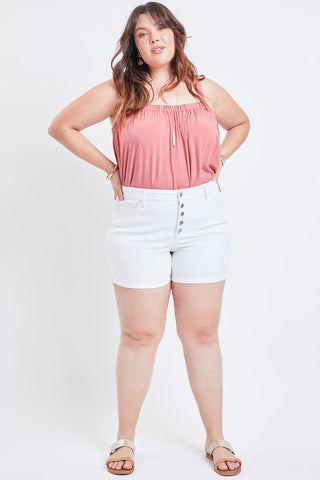 Curvy White Exposed Button Fly Cuffed Shorts Final Sale