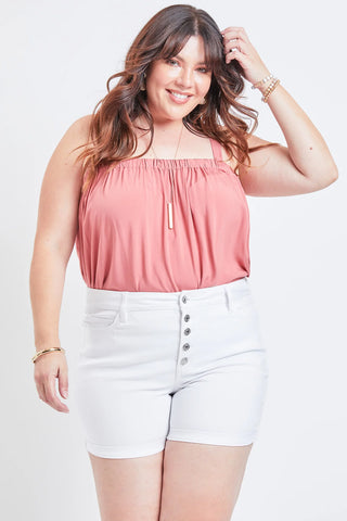 Curvy White Exposed Button Fly Cuffed Shorts Final Sale