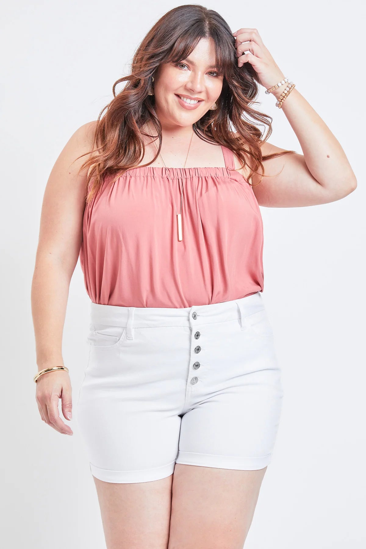 Curvy White Exposed Button Fly Cuffed Shorts