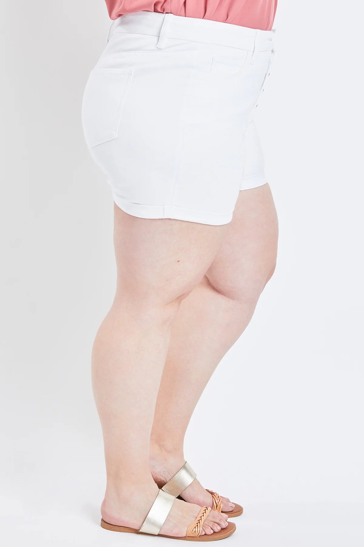 Curvy White Exposed Button Fly Cuffed Shorts