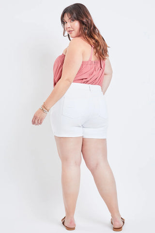 Curvy White Exposed Button Fly Cuffed Shorts Final Sale