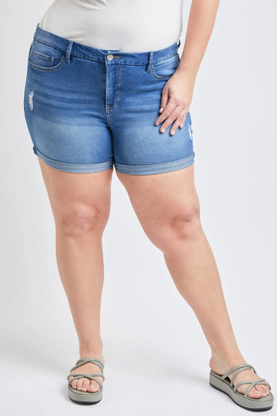 Curvy 1-Button High Rise Medium Wash Cuffed Shorts