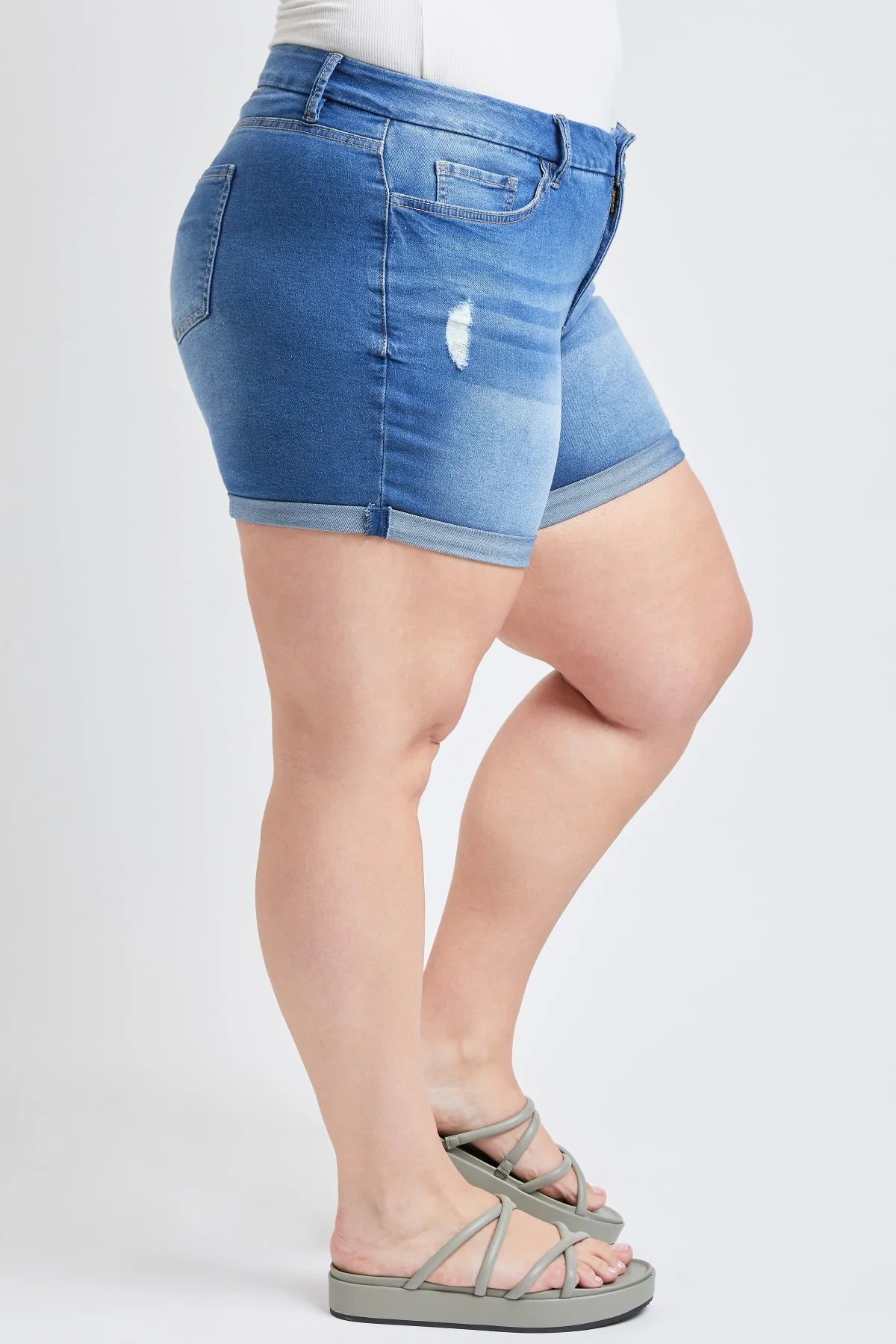 Curvy 1-Button High Rise Medium Wash Cuffed Shorts