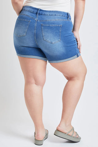 Curvy 1-Button High Rise Medium Wash Cuffed Shorts Final Sale