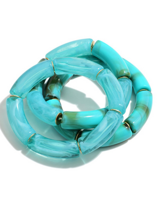 Set Of Three Acrylic Tube Bead Stretch Bracelet With Gold Beaded Accents