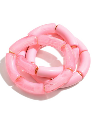 Set Of Three Acrylic Tube Bead Stretch Bracelet With Gold Beaded Accents