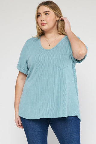 Sage V-neck Short Sleeve Top w/ Rolled Sleeve Hem Final Sale