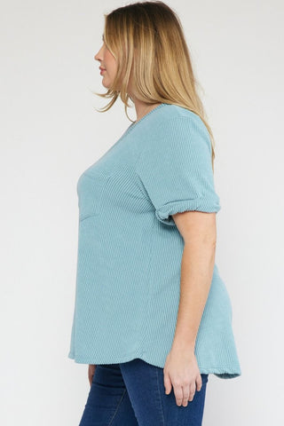 Sage V-neck Short Sleeve Top w/ Rolled Sleeve Hem Final Sale