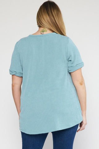 Sage V-neck Short Sleeve Top w/ Rolled Sleeve Hem Final Sale