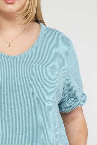 Sage V-neck Short Sleeve Top w/ Rolled Sleeve Hem Final Sale