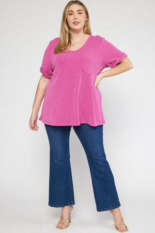 Orchid V-neck Short Sleeve Top w/ Rolled Sleeve Final Sale