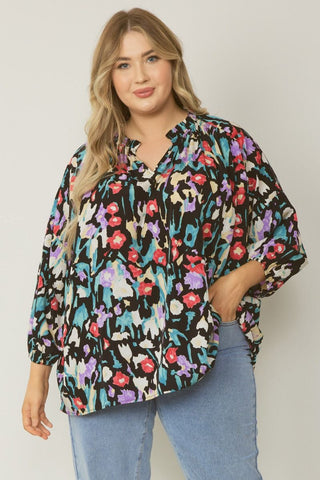 Curvy Black Print V-Neck 3/4 Sleeve Top Final Sale