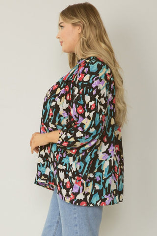 Curvy Black Print V-Neck 3/4 Sleeve Top Final Sale