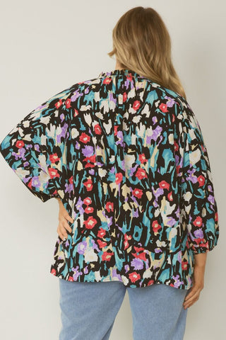 Curvy Black Print V-Neck 3/4 Sleeve Top Final Sale