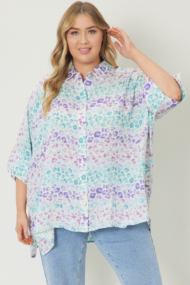 Multicolor Print 1/2 Sleeve Button Up Top