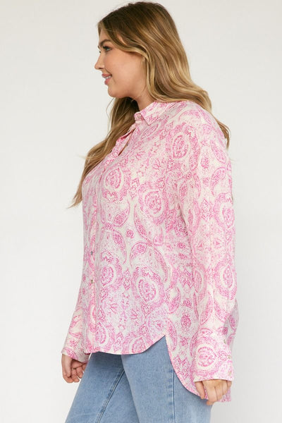 Curvy Pink Print Collared Button Up Long Sleeve Top