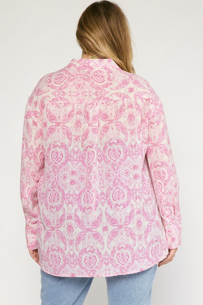 Curvy Pink Print Collared Button Up Long Sleeve Top