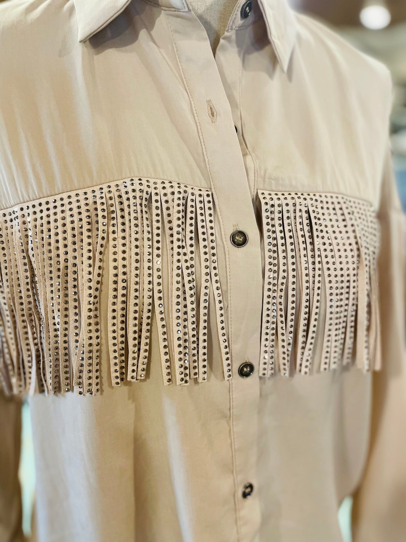 Curvy Champagne Button Down Collared Shirt with Rhinestone Detailed Tassels