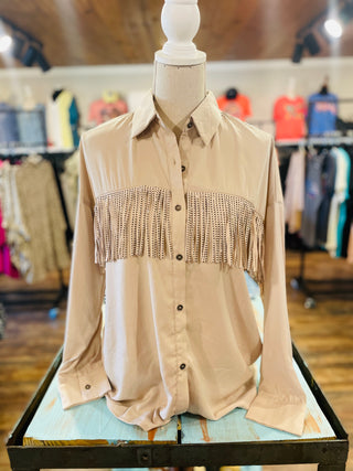 Curvy Champagne Button Down Collared Shirt with Rhinestone Detailed Tassels Final Sale