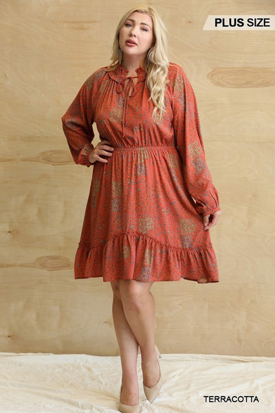 Curvy Terracotta Floral Woven Printed and Ruffle Detail Dress with Elastic Waist