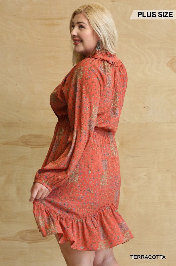 Curvy Terracotta Floral Woven Printed and Ruffle Detail Dress with Elastic Waist