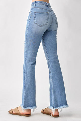 Risen Curvy Light Wash High rise vintage frayed hem flare jeans