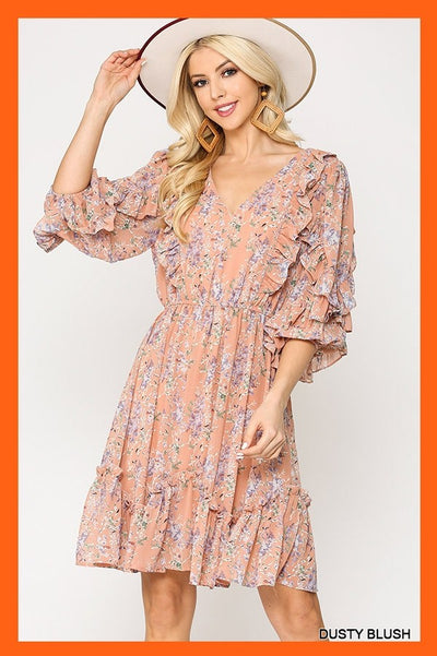 Dusty Blush Floral Pattern Chiffon Print Ruffle Bottom V-Neck Dress with Full Lining* Final Sale