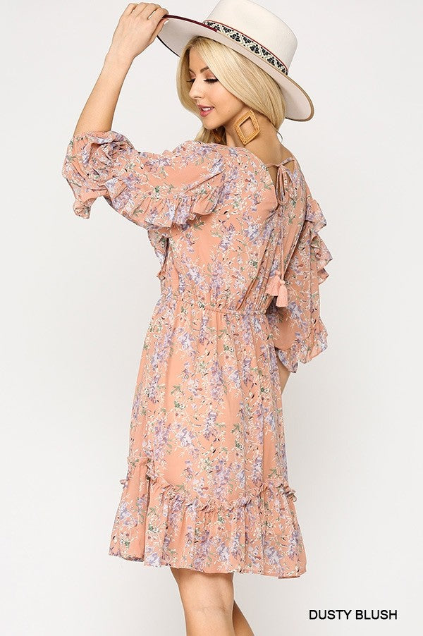 Dusty Blush Floral Pattern Chiffon Print Ruffle Bottom V-Neck Dress with Full Lining* Final Sale
