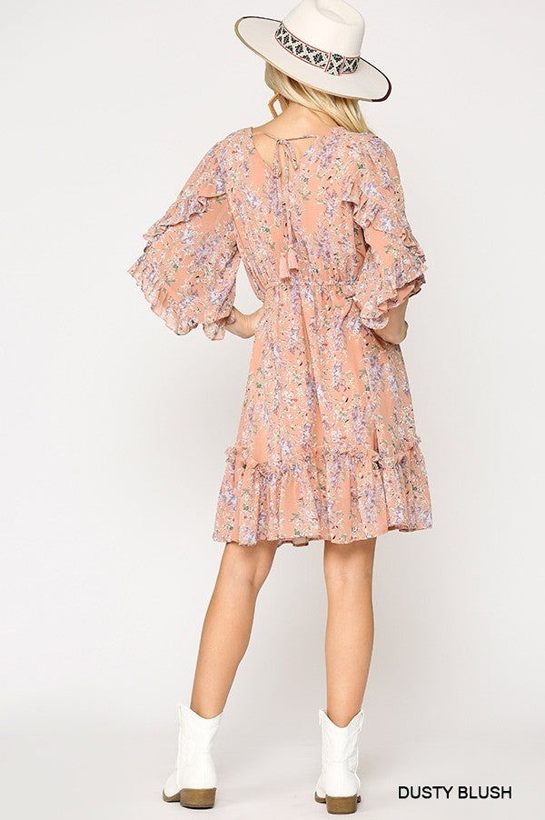 Dusty Blush Floral Pattern Chiffon Print Ruffle Bottom V-Neck Dress with Full Lining* Final Sale